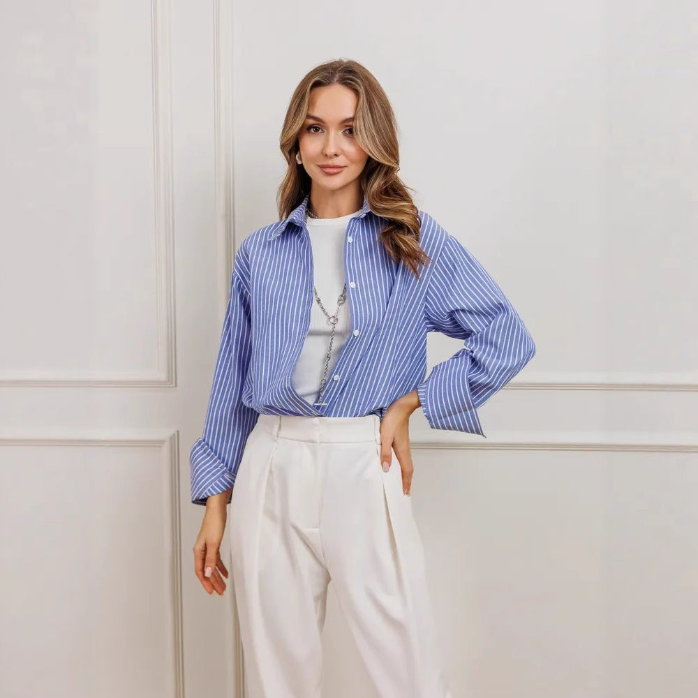 Women's Plus Size Striped Work Casual Long Sleeve Shirt