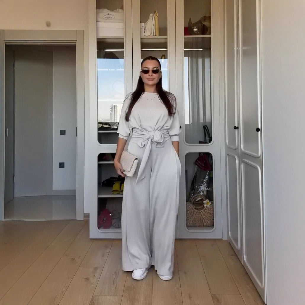 New Casual Fashion Tops Lace-up Waist Trimming Loose Trousers Suit