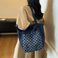 Versatile Casual Washed Denim Tote Bag With A Plaid Pattern And A Large Capacity