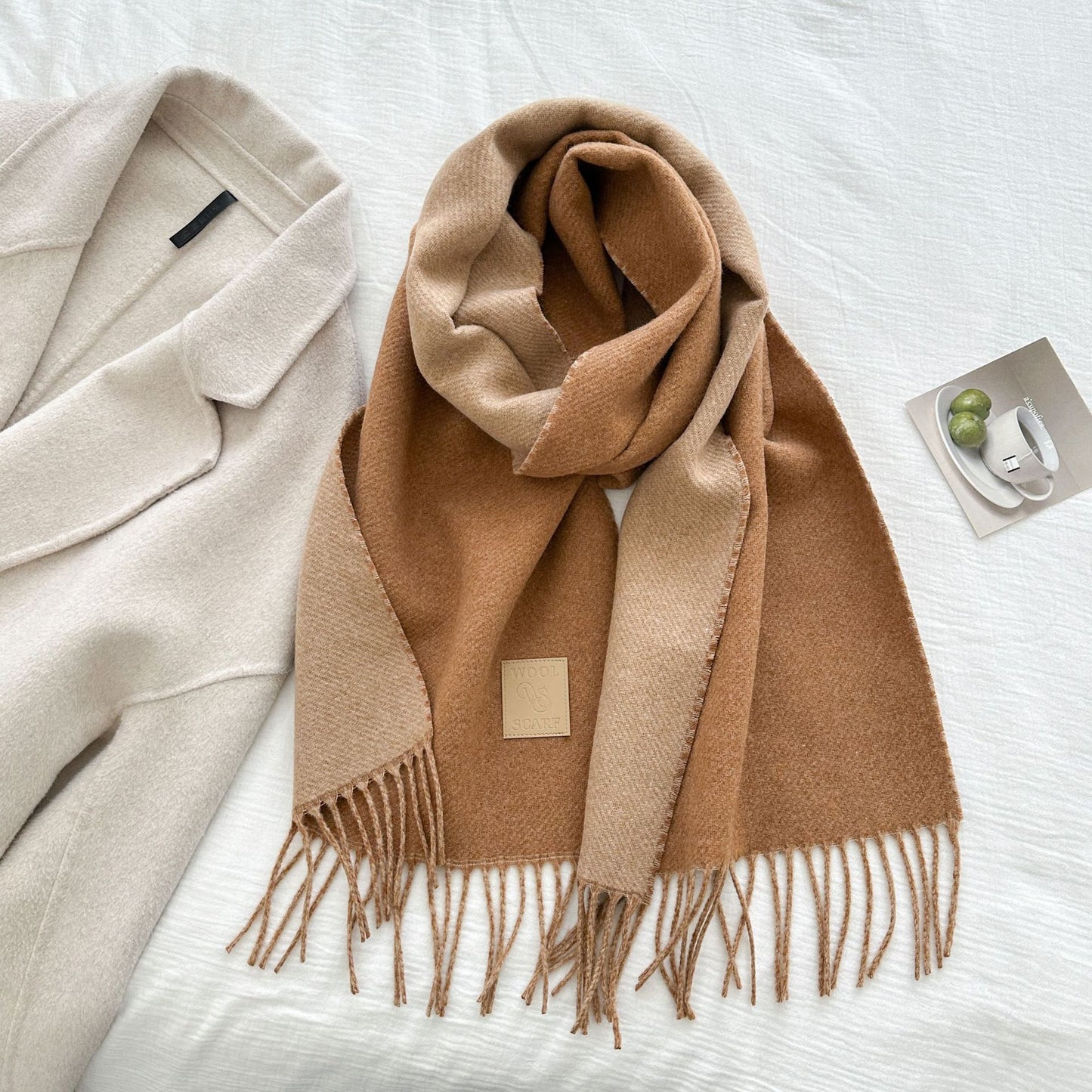 Thickened Double-sided Two-tone Wool Scarf Versatile Solid-color Tassel Shawl For Warmth And Style