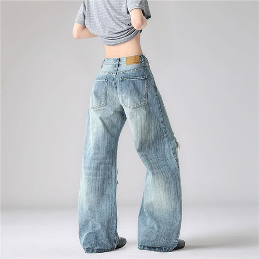 Women's Summer American Washed Bamboo Hole Ripped Jeans Niche Plus Size