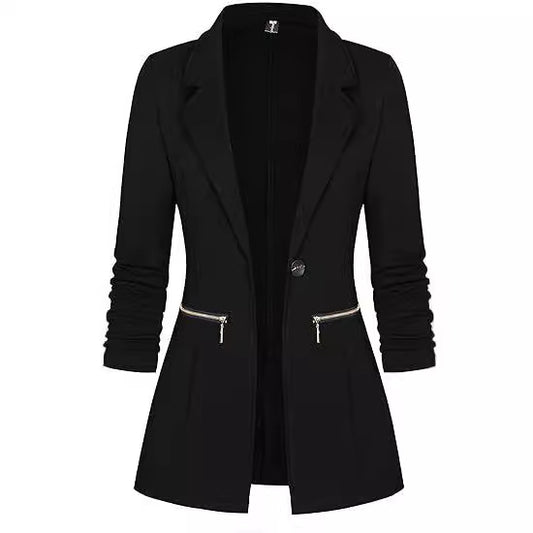 Front Open-front Jacket Work Office Blazer With Zipper